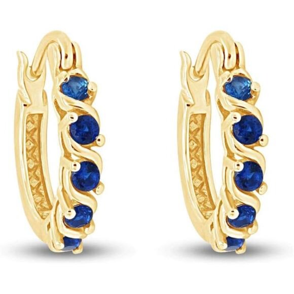 Gold Plated Blue Sapphire Hoop Earrings Sterling Silver Dainty Jewelry Gift - Picture 1 of 6